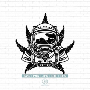 Könnte beinhalten: Schwarz-weiß-Illustration eines Astronauten in einem Raumanzug mit einem Marihuana-Blatt-Design. Der Astronaut trägt einen Helm mit Visier und ein Atemgerät.