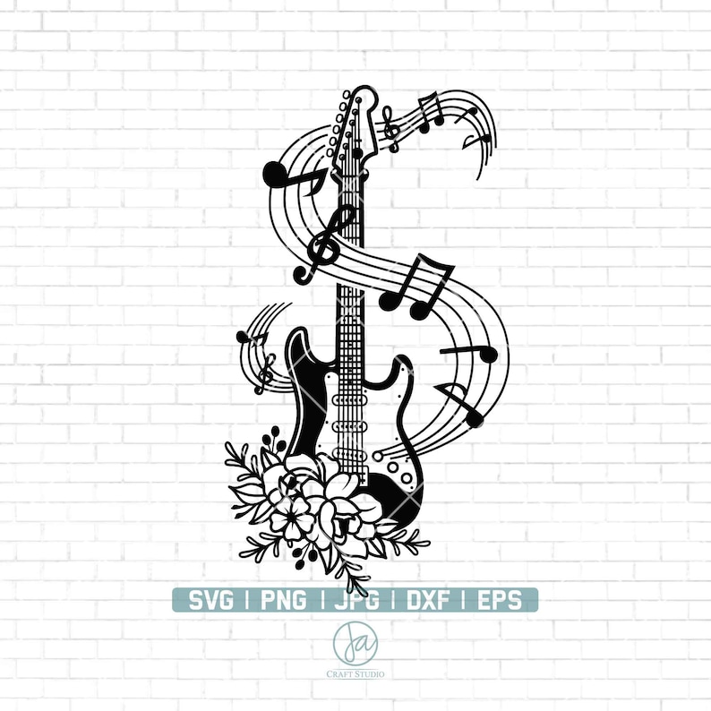 May include: Black and white illustration of an electric guitar with floral accents and musical notes. The guitar is surrounded by musical notes, creating a flowing design.