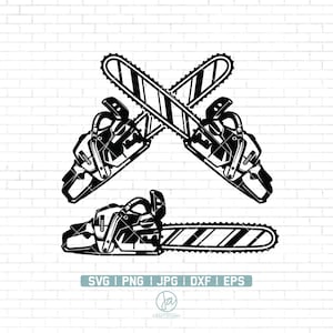 May include: Black and white silhouette of two crossed chainsaws. The chainsaws have a detailed design with a serrated blade and a handle.