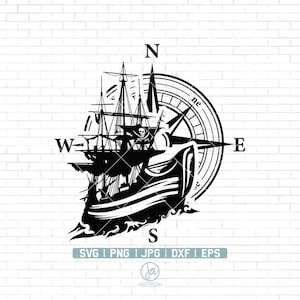 Piratenschiff Kompass | Schiff SVG | Piratenschiff | Boot-Svg | Kompass | Nautische Datei | Kompass-Svg-Dateien für Cricut | Png Dxf Eps