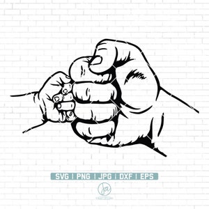Puede incluir: Ilustración en blanco y negro de dos manos unidas en un choque de puños. La mano más grande está a la derecha y la más pequeña a la izquierda.