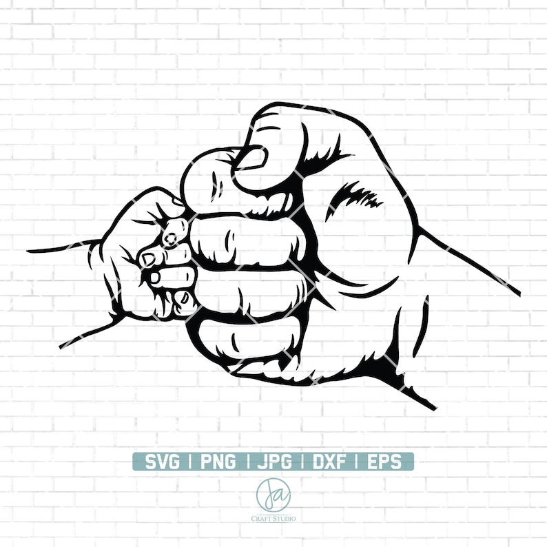 May include: Black and white line art illustration of two hands clasped together in a fist bump. The larger hand is on the right and the smaller hand is on the left.
