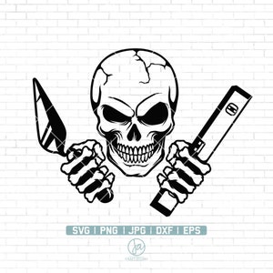 May include: Black and white illustration of a skull holding a trowel and a level. The skull has a menacing expression. The image is suitable for use as a logo or design element for a construction or home improvement business.