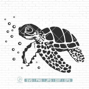 May include: Black and white silhouette of a sea turtle swimming with bubbles around it.