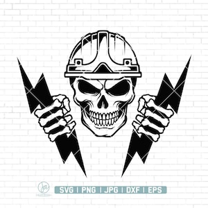 May include: Black and white illustration of a skull wearing a hard hat and holding two lightning bolts. The skull is wearing a hard hat with a visor. The lightning bolts are stylized and have a jagged edge.