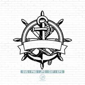 May include: Black and white nautical design featuring a ship's wheel, anchor, and rope. A blank banner is centered on the design. The image includes the text "SVG | PNG | JPG | DXF | EPS" and a logo.