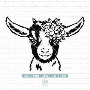 花柄ヤギ SVG | 花輪付きヤギ SVG | 農場の動物 SVG | かわいい動物 SVG | Cricut 用ヤギ SVG カット ファイル | PNG DXF Jpg EPS