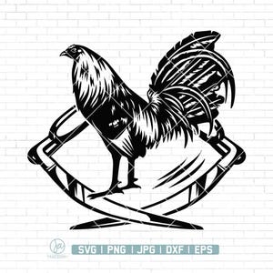 May include: Black and white rooster silhouette design. The rooster is standing inside a decorative frame. The image includes the text "SVG | PNG | JPG | DXF | EPS".
