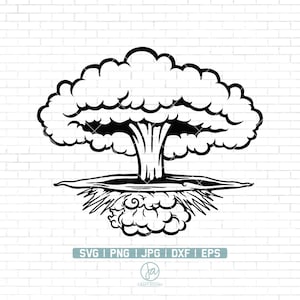 May include: Black and white line art illustration of a mushroom cloud explosion. The cloud is shaped like a large mushroom with a stem and a base of smoke.