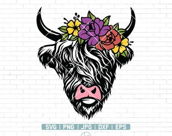 Highland Cow svg | Cow with Flowers on Head | Cow with Flower Crown SVG | Highland Heifer svg | Cow Clipart | Cow Png | Cute Cow svg file