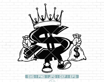 Money King svg | Money Bag Cut File | US Dollar Sign Clipart | Rich Hipster Stencil | Cool Kids Gangster Svg | Dollar Bill Mascot | Png Dxf
