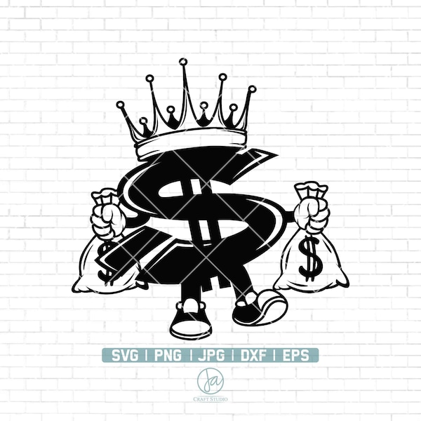 Money King svg | Money Bag Cut File | US Dollar Sign Clipart | Rich Hipster Stencil | Cool Kids Gangster Svg | Dollar Bill Mascot | Png Dxf