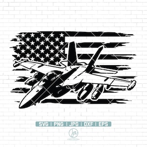 May include: Black and white silhouette of a fighter jet flying over a distressed American flag. The flag is in the background and the jet is in the foreground. The jet is facing the right side of the image. The image is a digital illustration.