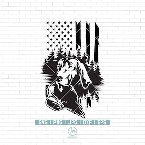 May include: Black and white silhouette of a hunting dog with a duck in its mouth, set against a distressed American flag background with a forest scene.