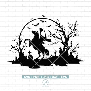 May include: Black and white silhouette of a headless horseman riding a horse through a spooky forest with a jack-o-lantern in hand. The scene is set against a full moon with bats flying in the air. There are tombstones and spooky trees in the background.