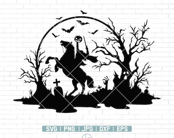 Headless Horseman SVG | Halloween Graveyard Scene SVG | Vampire Bat Svg | Halloween Svg | Halloween Wall Decor | Cricut Files | Png Dxf Eps
