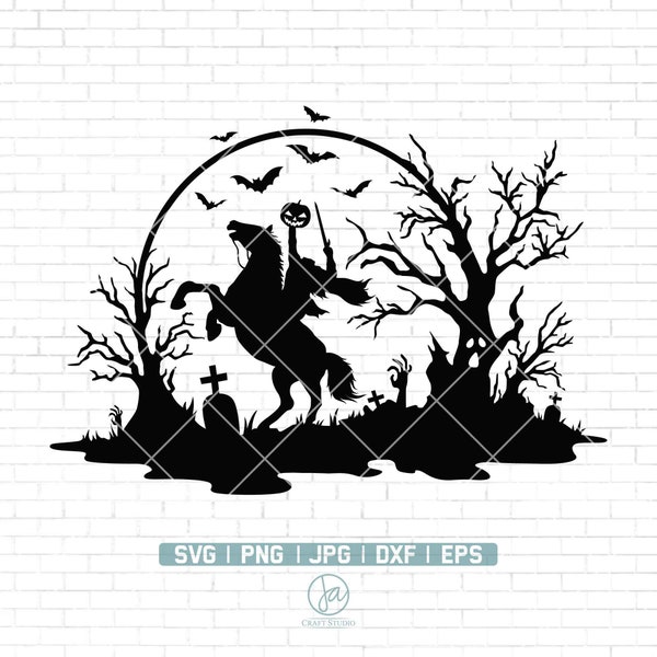 Headless Horseman SVG | Halloween Graveyard Scene SVG | Vampire Bat Svg | Halloween Svg | Halloween Wall Decor | Cricut Files | Png Dxf Eps