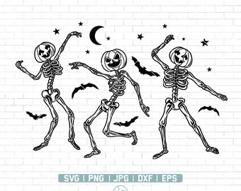 May include: Three black and white skeleton pumpkins dancing with bats flying around them. The skeletons are wearing jack-o-lantern faces.