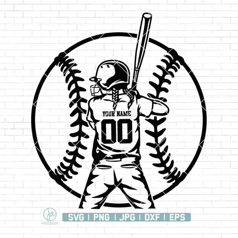 May include: Black and white silhouette of a softball player with a bat, wearing a helmet and jersey with the text "YOUR NAME" and the number "00". The player is standing in front of a baseball with stitching.