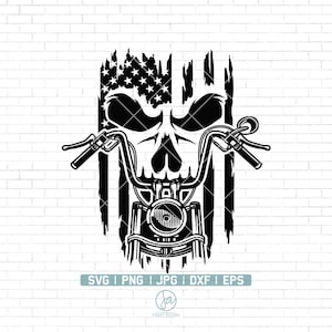 May include: Black and white illustration of a motorcycle skull with an American flag background. The skull is wearing a motorcycle helmet and has handlebars.