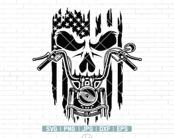 May include: Black and white illustration of a motorcycle skull with an American flag background. The skull is wearing a motorcycle helmet and has handlebars.