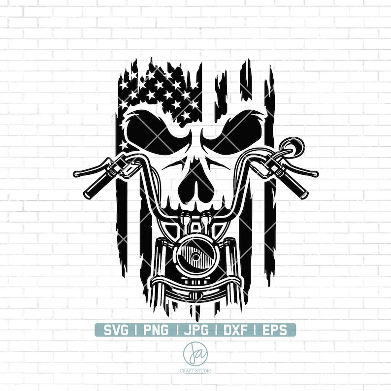 May include: Black and white illustration of a motorcycle skull with an American flag background. The skull is wearing a motorcycle helmet and has handlebars.