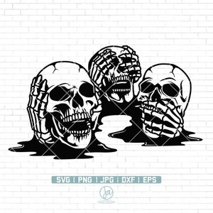 Op de afbeelding: Drie zwarte en witte schedels met skeletachtige handen die hun ogen, oren en monden bedekken. De schedels zijn geplaatst tegen een witte bakstenen achtergrond.