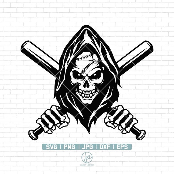 Baseball Skull with Crossed Bats Svg | Grim Reaper Svg | Softball Skull Svg | Skull Svg | Baseball Svg | Skull baseball Svg | Png Dxf Eps