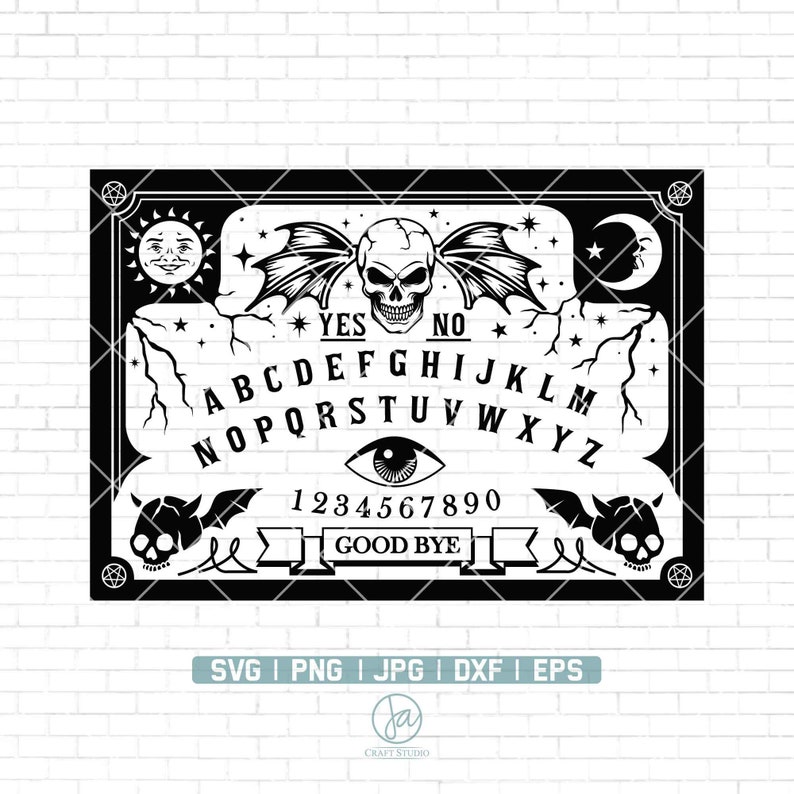 May include: Black and white illustration of a Ouija board with a skull, bat wings, and the words "YES", "NO", and "GOOD BYE".