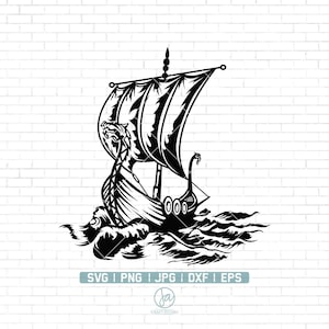 Viking Ship SVG | Dragon Boat SVG | Ancient Nordic Sail Journey Sailing Ocean Sea Vessel | Cricut & Silhouette | Digital | Png Dxf Jpg Eps