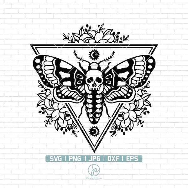 Death Head Moth Geo floral SVG | Floral Moth svg | Flower Moth svg | moon phase mystical crescent witch gothic | Clipart Vector Png Dxf Eps