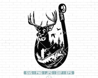 May include: Black and white silhouette of a deer, fish, and a hunter inside a fishing hook. The hook is shaped like a circle with a line coming out of the top. The deer has large antlers and is facing the left. The fish is swimming to the right. The hunter is standing in the middle of the image, holding a rifle. The background is a forest with trees and birds flying.