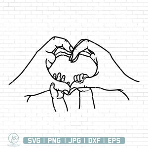 家族の手ハート SVG | ママとパパと子供の手ラインアート SVG | 家族の手ハートラインアート SVG | バレンタイン SVG | 母の日 SVG | PNG DXF EPS