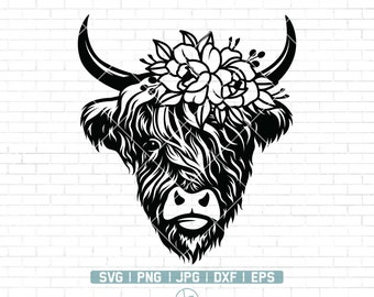 Highland Cow svg | Cow with Flower Crown SVG | Highland Heifer svg | Cow Clipart | Cow Png | Cow with Flowers on Head | Cute Cow svg file