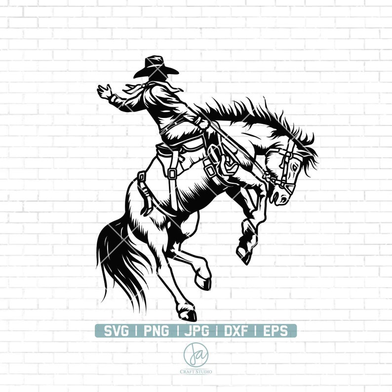 May include: Black and white illustration of a cowboy riding a bucking bronco. The cowboy is wearing a hat and has a determined expression on his face. The bronco is rearing up on its hind legs, with its tail and mane flowing in the wind.