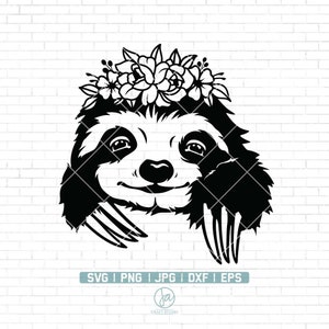 May include: Black and white silhouette of a sloth wearing a flower crown. The sloth has a happy expression and is looking directly at the viewer.