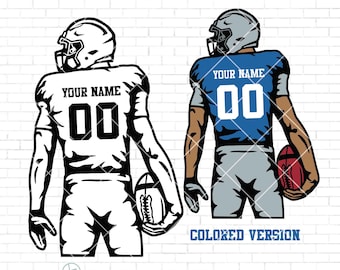 Könnte beinhalten: Eine Schwarzweißillustration eines Footballspielers, der einen Football hält. Der Spieler trägt ein Trikot mit dem Text "YOUR NAME" und der Nummer "00". Eine farbige Version der Illustration ist auf der rechten Seite des Bildes zu sehen.