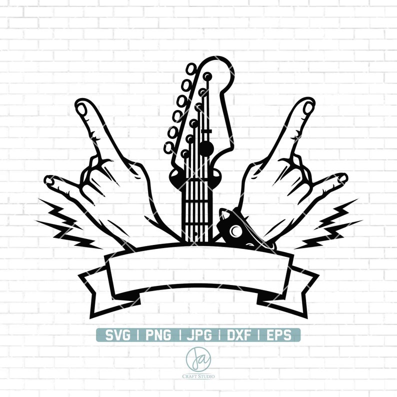 Peut inclure: Illustration en noir et blanc d'une guitare avec deux mains faisant le geste rock and roll de chaque c&ocirc;t&eacute; de la guitare. Une banni&egrave;re avec un espace pour du texte se trouve sous la guitare.