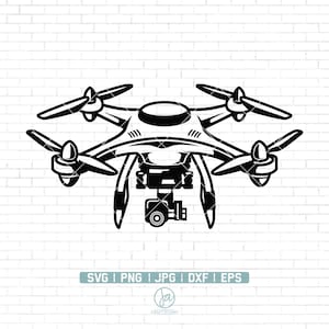 Puede incluir: Silueta en blanco y negro de un dron con cuatro hélices y una cámara montada debajo.