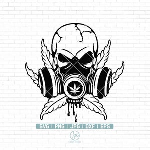 May include: Black and white illustration of a skull wearing a gas mask with a marijuana leaf design. The skull is surrounded by marijuana leaves.