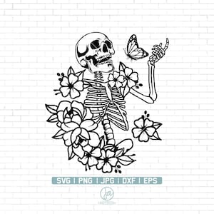 Floral Skeleton with Butterfly Svg | Skeleton with Fowers Svg | Skull Svg | Butterfly Svg | After Life Svg | Cricut & Silhouette | Png Dxf