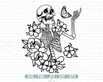 Floral Skeleton with Butterfly Svg | Skeleton with Fowers Svg | Skull Svg | Butterfly Svg | After Life Svg | Cricut & Silhouette | Png Dxf
