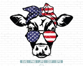 4 de julio Cow Svg File / Patriotic Cow Svg / Cow Glasses Svg / July 4th cut file / Cow Bandana / USA / July 4th Animals Svg /Funny Cow Svg