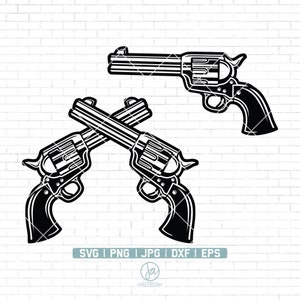 May include: Black and white illustration of two crossed revolvers. The revolvers are detailed with a barrel, cylinder, hammer, and grip.