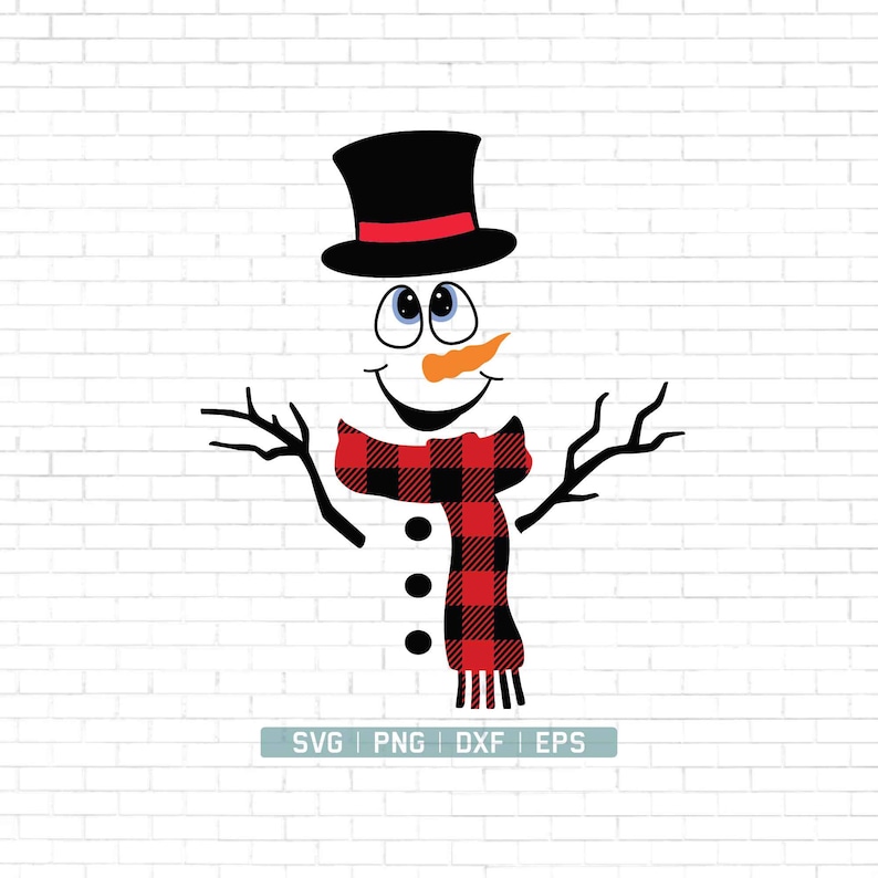 K&ouml;nnte beinhalten: Ein Cartoon-Schneemann mit einem schwarzen Zylinder, einem rot-schwarzen karierten Schal und einer Karottennase. Der Schneemann l&auml;chelt und hat gro&szlig;e Augen.