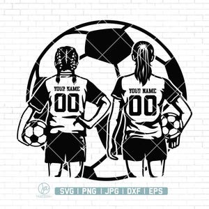 May include: Black and white silhouette of two girls playing soccer. They are wearing jerseys with the text "YOUR NAME" and the number "00". A soccer ball is in the background.