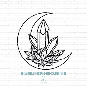 May include: Black and white line art illustration of a crescent moon with a crystal and marijuana leaves inside. The design is perfect for a sticker, t-shirt, or other craft project.