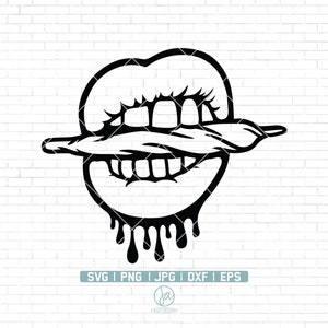 Puede incluir: Ilustración en blanco y negro de un par de labios con una hoja de marihuana entre ellos. Los labios gotean con pintura negra.