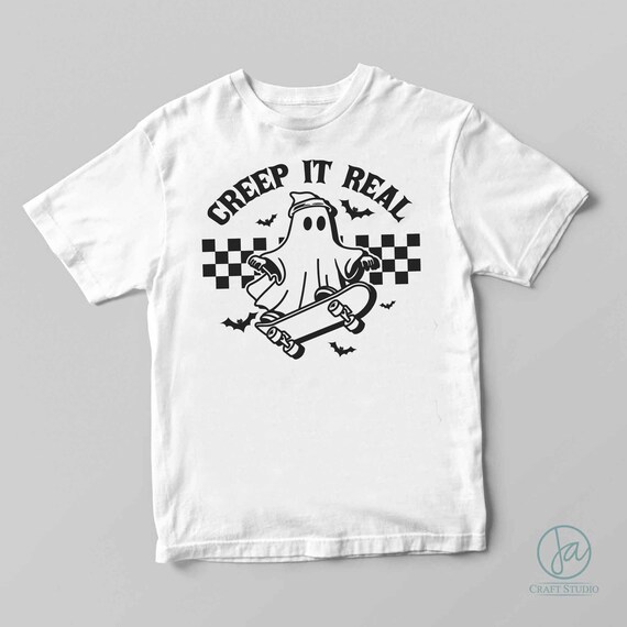Creep It Real T-Shirt Donna Halloween Fantasma Skateboard - Oversize A Scacchi, Manica Corta