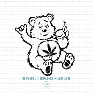 Peut inclure: Illustration en noir et blanc d'un ours de dessin animé portant une expression détendue, tenant une feuille de marijuana et fumant un joint.